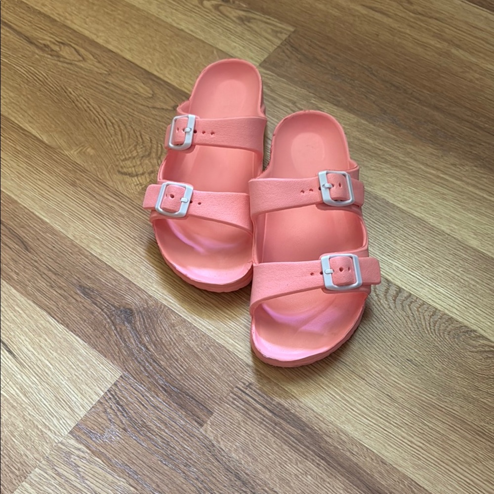 Pink Double Strap Sandals with white buckles. Like-new condition! Size is “2-3”